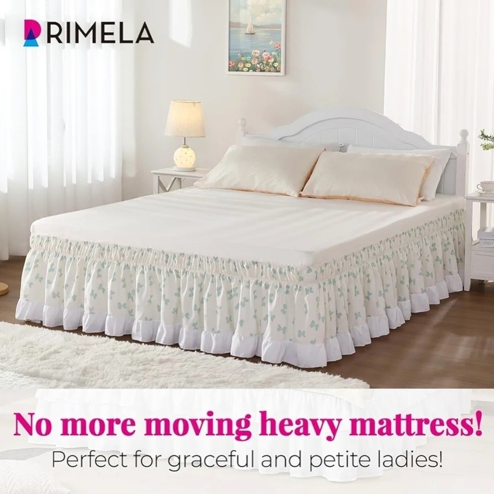 NWOT RIMELA Bed Skirting QueenSize 14 inch Drop with Bow Pattern, Easy Fit Wrap